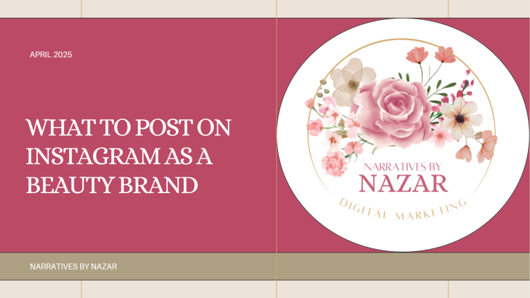 Graphic reading ‘What to post on Instagram as a beauty brand, April 2025’ with Narratives by Nazar digital marketing logo featuring pink floral design.