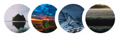 Four circular landscape images in a row featuring a misty lake with a rock formation, a colorful canyon sunset, a snowy mountain peak, and an ocean horizon at dusk.