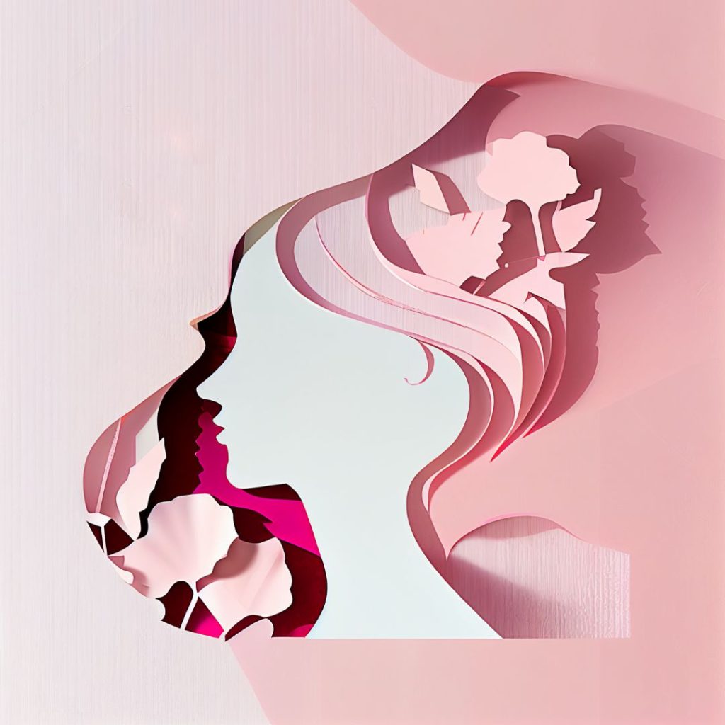 Modern abstract artwork of a woman’s silhouette with layered floral shapes in soft pink hues.