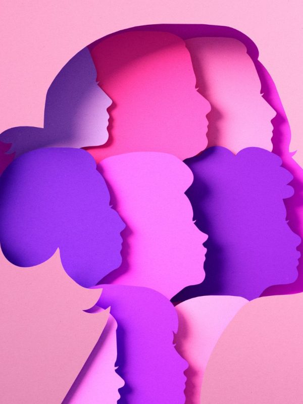 Layered silhouettes of women’s profiles in pink and purple hues